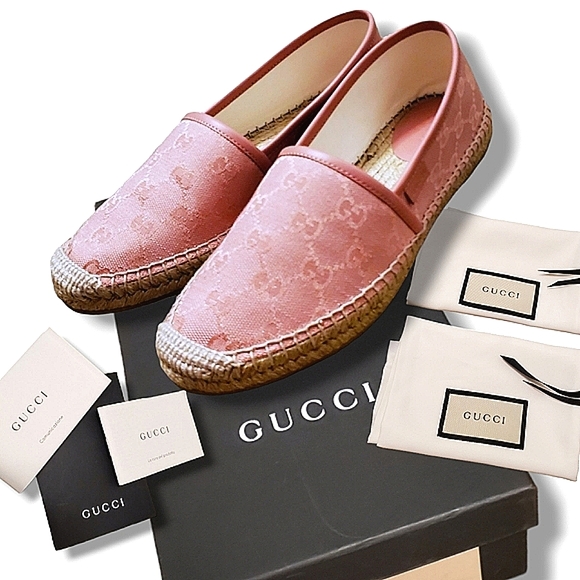 Excellent Gucci Pink Canvas GG Monogram Logo Espadrille Slip On Flats 6 & Box - Picture 1 of 11